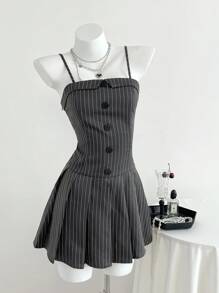 Elamini 2pcs Women's Striped Suit Set With Collared Blazer Jacket And Pleated Dress, Black, Suitable For Commuting, School Style, Back To School Season - Dark Grey - View 4