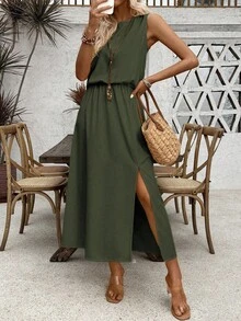 Breezaya Sleeveless Round Neck Solid Color Casual & Commute Dress With Cinched Waist And Split Hem For Women Maxi Women Outfit - Army Green - View 6
