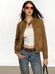 Rina Fox 女士时尚休闲复古简约浪漫优雅街头拉链口袋夹克 - 咖啡棕 - 查看 1