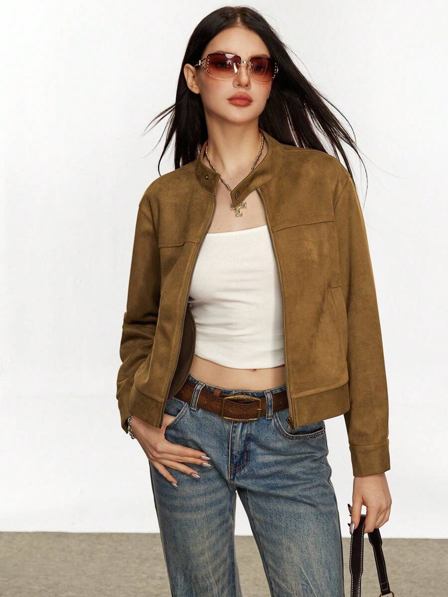 Rina Fox 女士时尚休闲复古简约浪漫优雅街头拉链口袋夹克 - 咖啡棕 - 查看 1