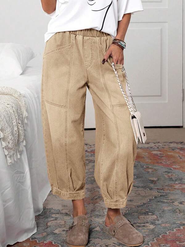 EMERY ROSE Plus Size Women Elastic Waist Pockets Tapered Loose Fit Jeans Casual Street Patchwork Pocket Loose Wide Leg Jeans Women Jeans Baggy Loose Jeans  Casual Daily Fashion Street Banana Denim Jean/Barrel Leg/Barrel-Leg Jeans Khaki/Camel/Apricot Pants/Jeans