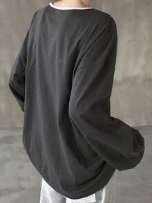 FRIFUL 女士圆领蝴蝶结撞色宽松前印花休闲长袖T恤，秋季/春季 - 黑色 - 查看 3