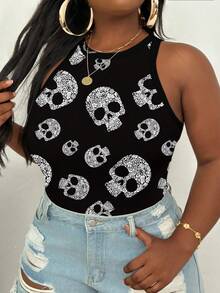 Slaydiva 万圣节加大码女式骷髅印花圆领紧身吊带背心和背心，适合夏季、万圣节服装、Y2K、街头服饰 - 彩色 - 查看 4
