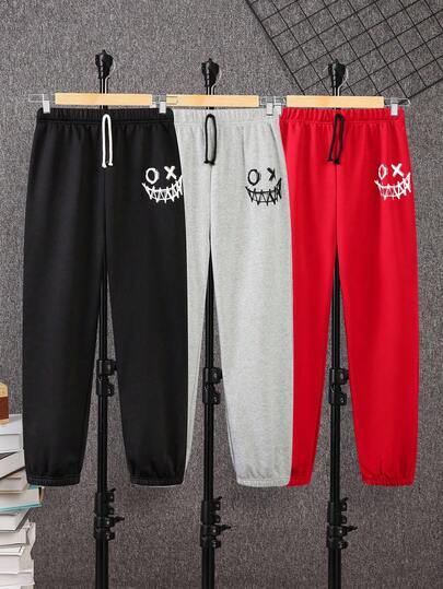 SHEIN 3pcs/Set Teen Boys' Casual Smiling Face Print Red, Gray, Black Fleece Lined Sweatpants Set, Comfortable For Autumn, Winter, School, Home, Daily, Sports, Birthday Party, Outings, All-Match & Versatile,Ensemble Hiver,Winter Clothing,Fall Outfits,Fall Clothing,All Clothes For Kids,Black Pants