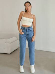 EURMUSE 女士高腰妈妈牛仔裤，后背有标签细节，休闲