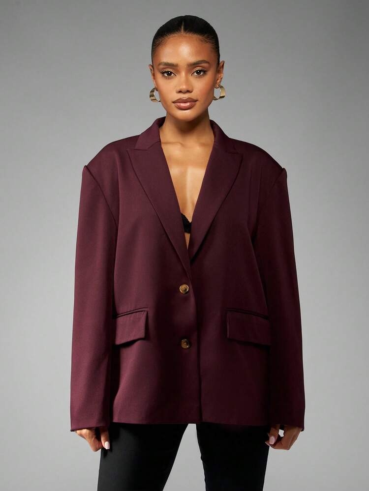 MISSGUIDED Blazer surdimensionné bordeaux pour femmes, à un bouton, veste de costume de travail professionnel de bureau, tenue de travail formelle classique pour l'automne et l'hiver