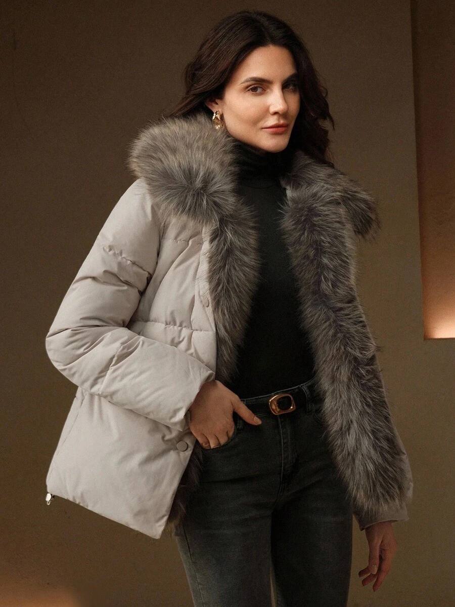 Anewsta 女士时尚休闲可拆卸毛领口袋短款棉服外套，冬季 - 杏色 - 查看 1