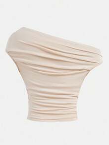 青少年女孩休闲不对称领口褶饰修身短款无袖针织上衣 T 恤 - 杏色 - 查看 2