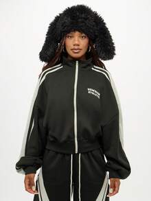 SUMWON WOMEN 冬季运动休闲全拉链运动夹克赛车条纹休闲街头风格复古字母印花长袖运动现代日常外套 - 黑色 - 查看 3