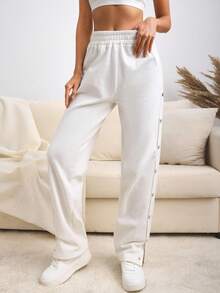 EURMUSE Cotton Wide Leg Side Detailed Sweatpant Women S Bottoms Women Summer Clothing Women Summer Sets Women Clothing Summer Outfits Summer Outfits For Women - Beige - View 5