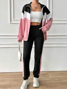 Cloudara Cotton Colorblock Drop Shoulder Zip Up Jacket & Sweatpants - Multicolor - View 3