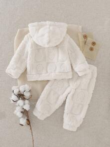 SHEIN 2 件女婴可爱休闲熊图案 3D 耳朵蝴蝶结毛绒长袖上衣和裤子套装，适合秋冬季日常穿着 - 杏色 - 查看 2