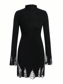 SHEIN Unity Vestido de punto con cuello alto, unicolor y rasgado para otoño/invierno - Negro - Ver 1