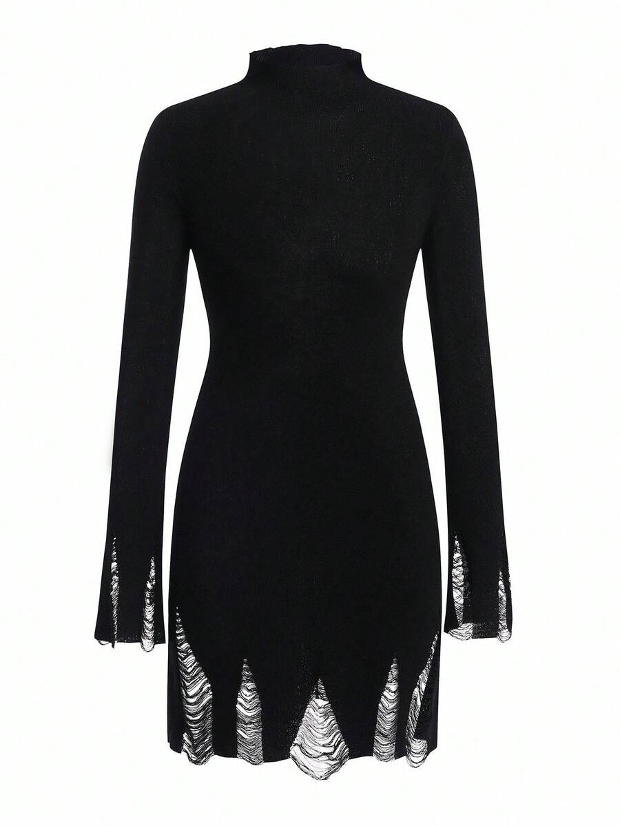 SHEIN Unity Vestido de punto con cuello alto, unicolor y rasgado para otoño/invierno - Negro - Ver 1