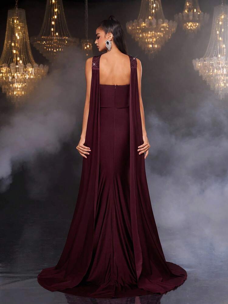 Glamrae Elegant, Luxurious, Rhinestone Embellished Sexy Bandeau Elastic Knit Mermaid Dress, Suitable For Weddings, Singles Parties, Vacations, Galas, Formal Events (Heavy Embellishment) - Burgundy - View 3