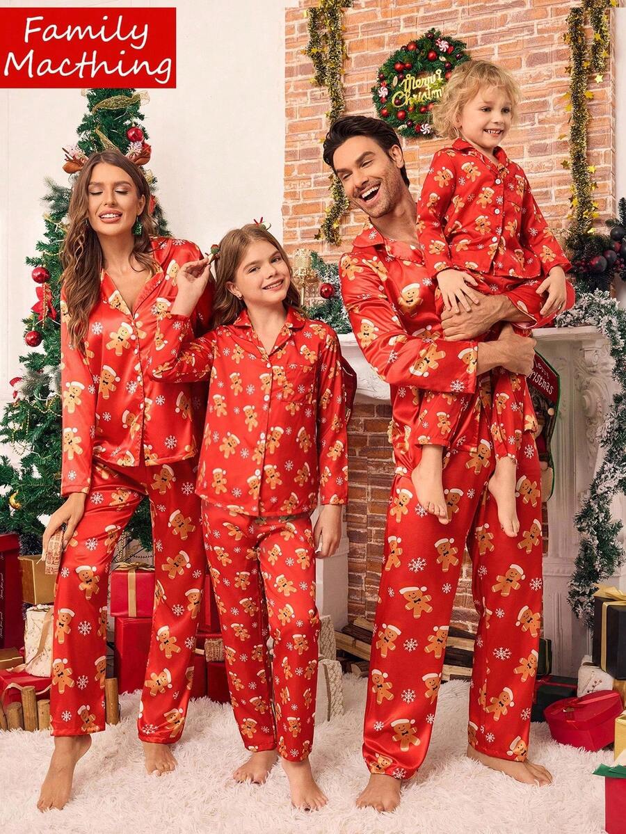 SHEIN Boys' Merry Christmas Pajamas - Gingerbread Man Print Burgundy Long Pants And Long Sleeve Cardigan Comfortable 2 Pieces Sleepwear Set, Family Matching Outfits (4 Sets Sold Separately) Matching Family Pajama Sets Fall Winter