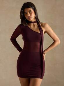 SHEIN BAE 女式纯色不对称肩部时尚连衣裙 - 棕色 - 查看 6