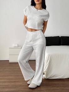 SHEIN PETITE Grey Knit T-Shirt And Pants Women's Loungewear Set Two Piece Lounge Set Two Piece Set Women Grey Two Piece Set Casual Two Piece Set Comfortable Two Piece Set