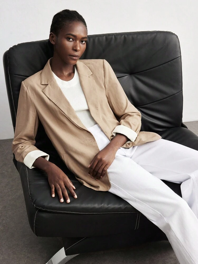 SHEIN Maija Women's Brown-Gray Linen Blend Fabric Versatile Modern City Fashion Essential, Comfortable Linen Loose Sleeve Splice Decor Business Casual Office Wear, Low-Key Wealthy Style, Urban Commute & Social Occasion Blazer Modern Urban Casual Fashion Business Casual Women's Office Wear Low-Key Old Money Style Effortless Temperament High-End Urban Commuting High-Quality Airport Women's Wear High-End Material In Fall/Winter