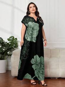 Modelyn فستان عربي أنيق بطبعات زهرية لأحجام كبيرة، صيفي - أخضر - مشاهدة 5