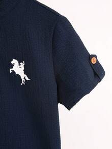 SHEIN 2入組青少年男孩休閒大學街頭風格藍綠色立領半扣短袖襯衫,適合春夏旅行、日常穿著和學校穿著 - 藍色 - 查看 4