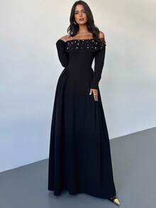 Firerie Vestido largo de línea A con hombros descubiertos, manga larga, fruncido y cuentas para mujer, vestido elegante y sexy para eventos de noche, vestido vintage con decoración de perlas, adecuado para primavera, verano, otoño, elegante, viajes, sexy, vacaciones, playa, estilo bohemio, Hawái, festivales de música, romántico, citas, fiestas, bodas, graduación, actuaciones, conciertos, trabajo, regreso a clases, cumpleaños de mujer - Negro - Ver 6