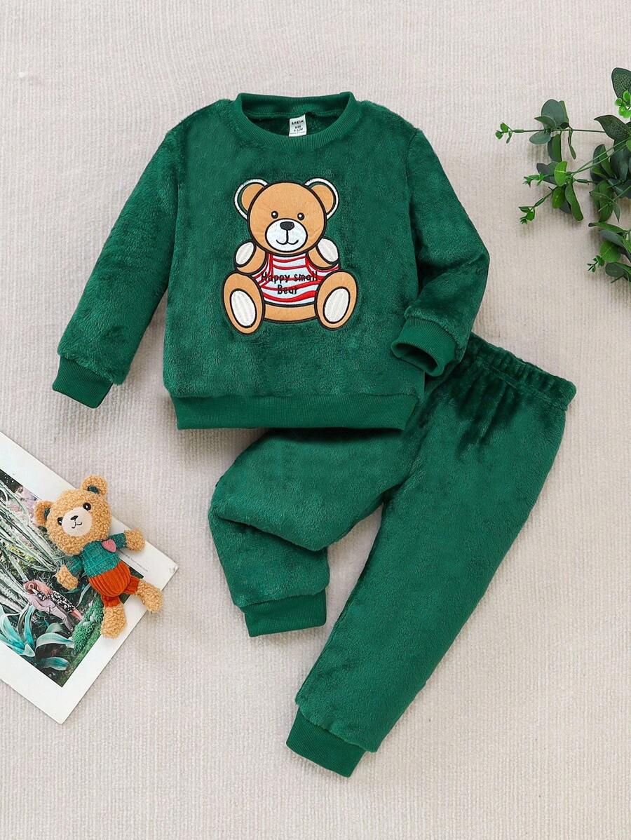 SHEIN 2pcs/Set Baby Boys Cute Bear Print Fleece Crew Neck Sweatshirt And Sweatpants Set, Autumn/Winter Fall - Olive Green - View 1
