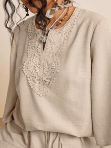 SHEIN LUNE Plus Size 2pcs Casual Matching Set,Embroidered Blouse And Ruffle Hem Pants With Pockets,Women's Linen Lounge Sets,Beige,Autumn,Boho,Vacation Outfits - Apricot - View 5