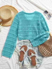 Travachic 女士度假款透明系带开衫 - 藍色 - 查看 2