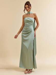 SHEIN BAE 绿色性感吊带露背高开衩优雅缎面鱼尾裙，伴娘裙，缎面裙，性感裙，婚礼宾客服装，春夏 - 綠色 - 查看 4