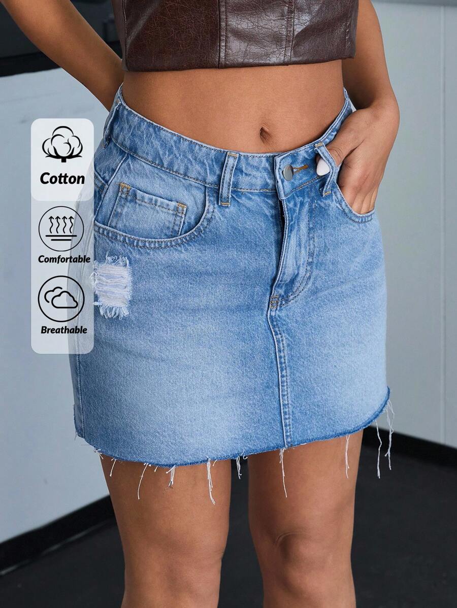EURMUSE WOMEN LOW WAIST MINI SKIRT RAW EDGE MEDIUM BLUE WASH - Medium Wash - View 1