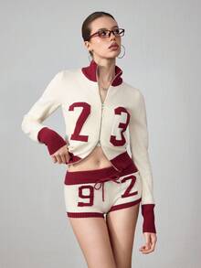 ROMWE Avant 2pcs Women Millennium Babe Retro Numeric Pattern Cardigan And Shorts Knit Set - Apricot - View 7