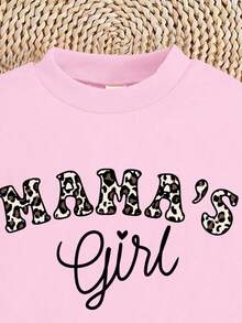 SHEIN Happikins 2件組少女休閒豹紋「MAMA'S GIRL」長袖運動衫與長褲套裝，淺粉色，秋季，家庭搭配冬季穿搭 - 彩色 - 查看 4