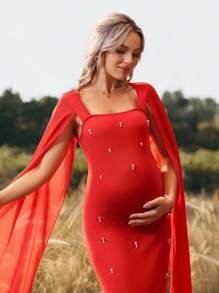 Cheriluna Maternity 优雅孕妇连衣长裙，方领雪纺弹力针织面料，美人鱼风格，适合圣诞派对、迎婴派对，红色 - 紅色 - 查看 6