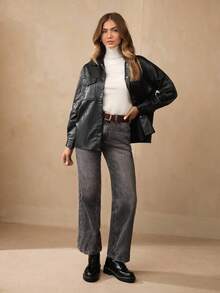 Wildy 女式春季时尚仿皮短袖夹克翻盖口袋落肩纽扣衬衫长袖衬衫