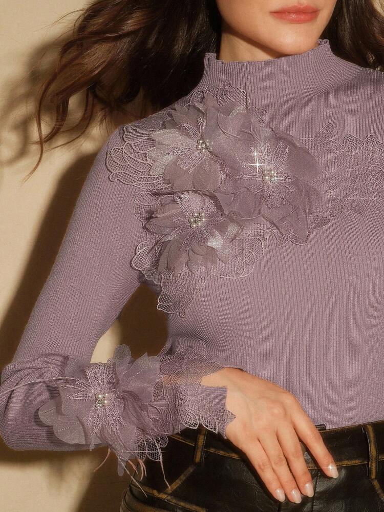 Women's Purple Beaded Floral Turtleneck Long Sleeve Knit Top, Elegant For Autumn/Winter, Christmas & New Year