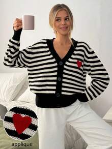 EURMUSE Women Button Front Black And White Striped Heart Embroidery Detailed Cozy Loose Fit Drop Shoulder Cardigan,Long Cardigans Woman,Petite Cardigans,Cardigans - Black and White - View 1