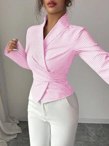 Selianne Blusa de moda con manga larga, cruce delantero y bajo asimétrico para mujer - Multicolor - Ver 3