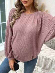 SHEIN 孕妇纯色圆领蝙蝠袖长袖宽松休闲运动衫 - 藕粉色 - 查看 4