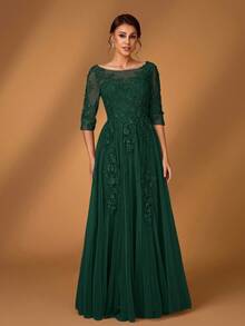 Serin 浪漫优雅圆领七分袖蕾丝撞色网纱A字下摆奢华贴花连衣裙，适合晚宴、约会、舞会、单身派对、音乐节、婚礼、新娘母亲、情人节等场合。 - 墨綠色 - 查看 6