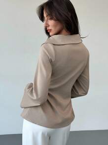 Aloruh Women's Elegant Khaki Long Sleeve Lapel Neck Blouse,Autumn Office Business Casual Shirt With Pleated Asymmetric Hem For And Commuting Tops - Khaki - View 3