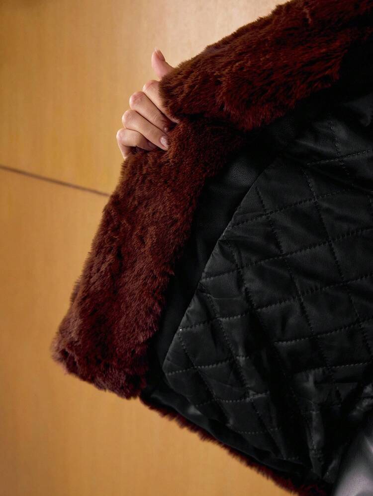 PU LEATHER CONTRAST FUZZY PANEL SHAWL COLLAR BELTED COAT , FALL WINTER