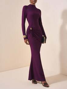 Zivah Vestido longo feminino plissado, elegante, casual, roxo, slim, manga comprida, com decoração de metal, para outono e inverno 2025, adequado para viagens, deslocamento diário, festa, férias, estilo tradicional, compras, banquete, elegante, festa, encontro, casual - Borgonha - Ver 4