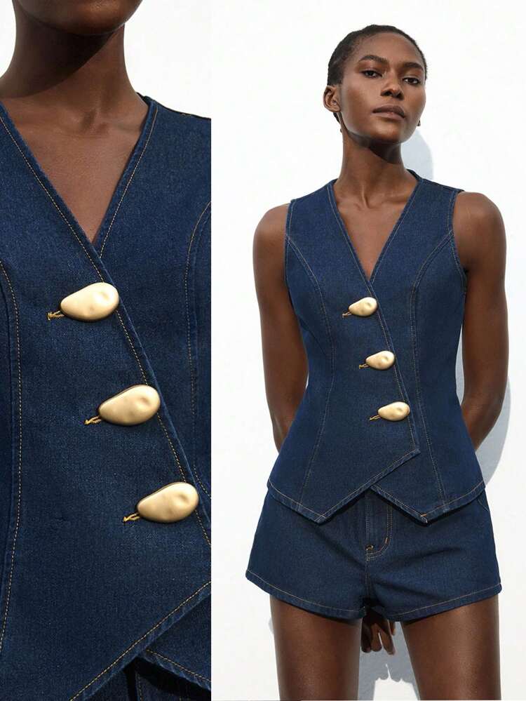 SHEIN Maija Women's Dark Blue Denim Suit Sleeveless Vest Plus Denim Shorts Old Money Style Metal Buckle Decoration Office Wear Ins Style