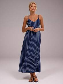 Avantive Vestido largo y suelto con cuello halter a rayas azul marino, vestidos de otoño para mujer, casual de negocios, vestido con hombros descubiertos para conciertos, atuendos para brunch, vestidos casuales para vacaciones en la playa, atuendos de cumpleaños, ropa escolar, vestido de regreso a casa estilo occidental de los años 2000, ropa bohemia para salir