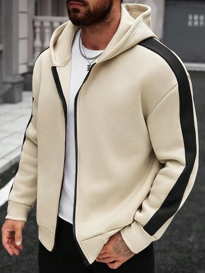 Manfinity Homme Men's Casual Contrast Color Patchwork Hoodie, Autumn/Winter Men Zip Up Hoodie Men Hoodies Casual Men Hooded Sweatshirt Men Sweatsuit Set Men Track Suits Sets