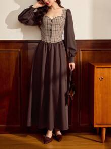 Vintamour Vintage Classic Elegant College Style Women's Dress, Fitted Plaid Patchwork Dress, Mixed Fabric Patchwork Dress, Coffee Brown Long Sleeve Dress, Flared Hem Dress, Autumn/Winter Autumn Clothes Winter Clothes For Women Brown Dress Plaid Dress - Coffee Brown - View 6