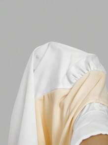 SHEIN MOD Áo sơ mi màu đen trắng cổ bẻ tay dài màu tương phản ngực nhún bèo, áo sơ mi đen, áo cánh cài nút, áo sơ mi nữ tay dài, áo sơ mi nữ có cổ, áo sơ mi nữ công sở, áo sơ mi trang trọng, áo sơ mi cổ chữ V - Màu be - Xem 5