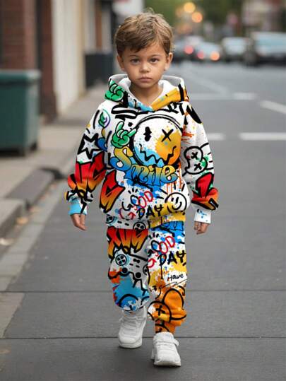 SHEIN 2 件年轻男孩休闲宽松大号字母扎染渐变街头运动风格连帽卫衣套装，适合秋冬季