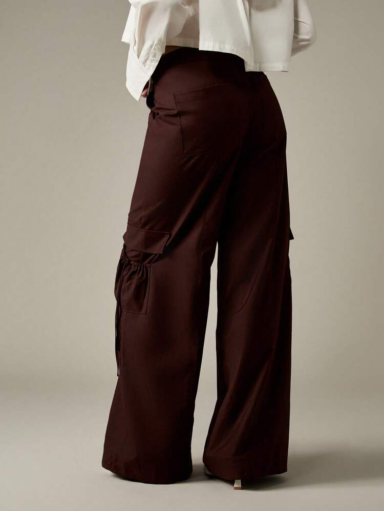 MISSGUIDED Wide Leg Cargo Pants With Drawstring Detail Ruched Pockets High Waisted Streetwear Fall Winter Trousers Fashion Statement Bottoms